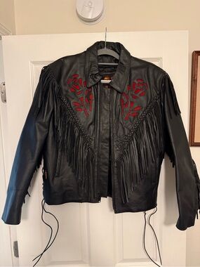Black Leather Fringe Jacket with Red Rose Appliqué